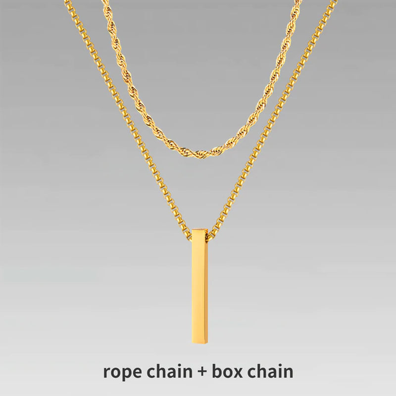 3D Vertical Bar Necklaces for Men, Layering Stainless Steel Geometric Pendant, Layered Wheat Rope Cuban Chain, Boy Collar