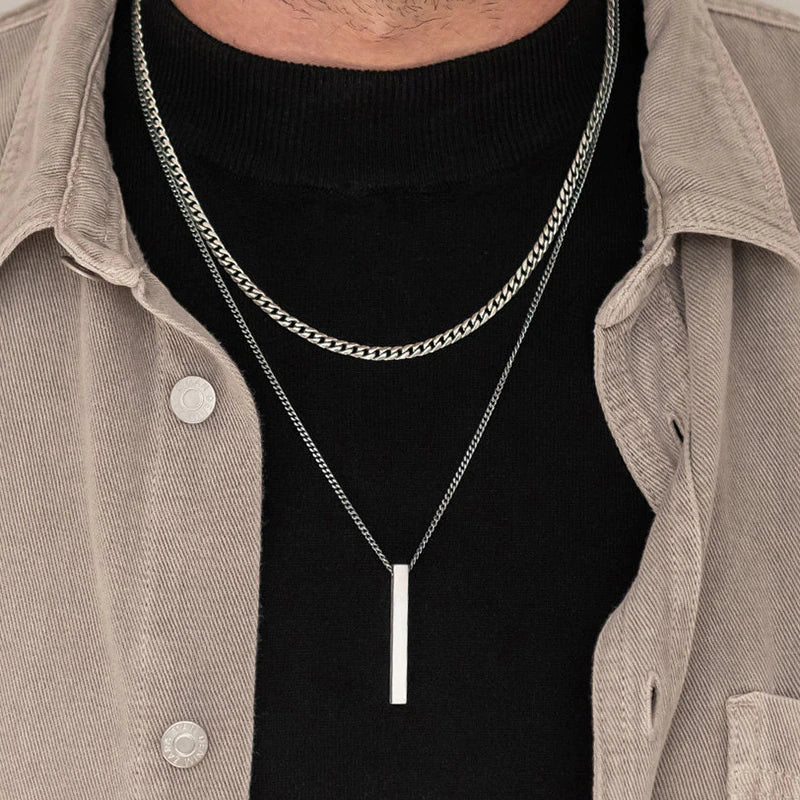 3D Vertical Bar Necklaces for Men, Layering Stainless Steel Geometric Pendant, Layered Wheat Rope Cuban Chain, Boy Collar