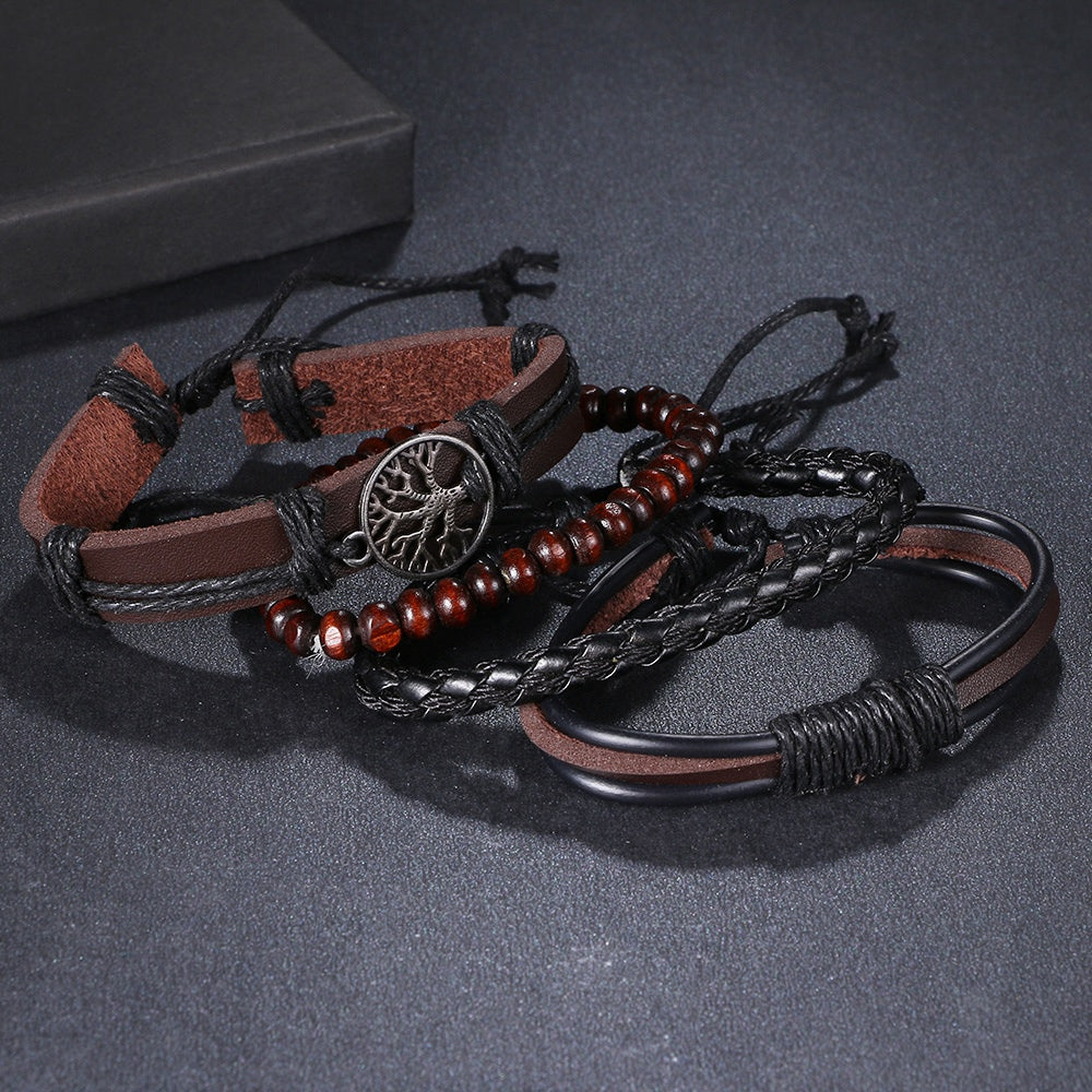 3/4Pcs/ Set Braided Wrap Leather Bracelets for Men Vintage Life Tree Rudder Charm Wood Beads Ethnic Tribal Wristbands