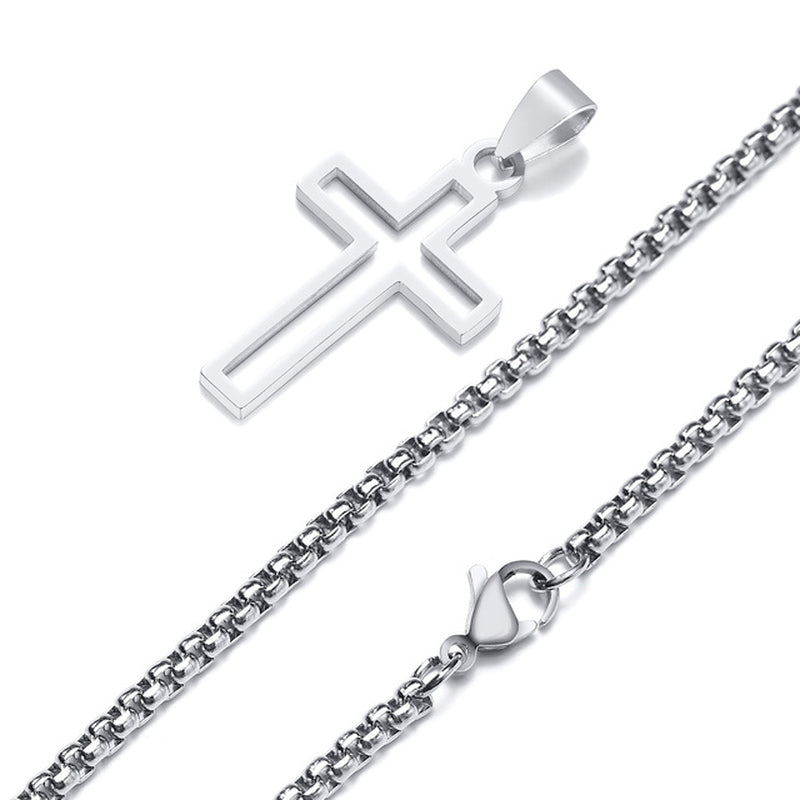 Cutout Cross Necklace for Men Women, Stainless Steel Hollow Cross Pendant with 24" Box Chain, Religious Faith Christ Collar