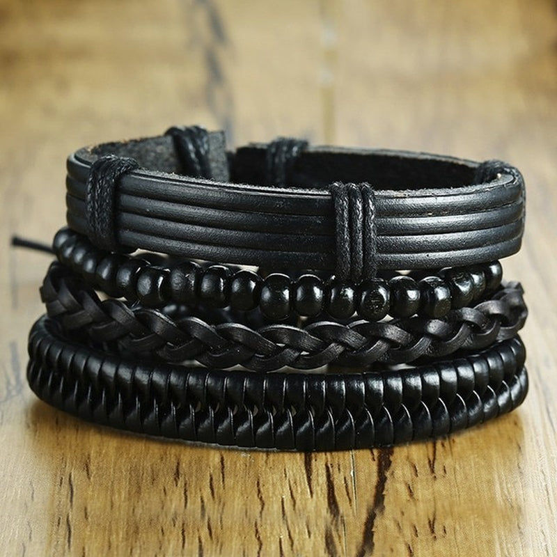 Mix 4Pcs/ Set Braided Wrap Leather Bracelets for Men Women Vintage Wooden Beads Ethnic Tribal Wristbands Bracelet Rudder