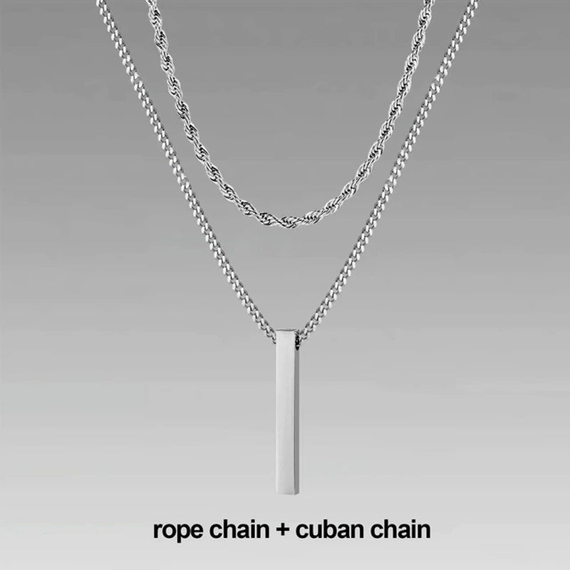 3D Vertical Bar Necklaces for Men, Layering Stainless Steel Geometric Pendant, Layered Wheat Rope Cuban Chain, Boy Collar