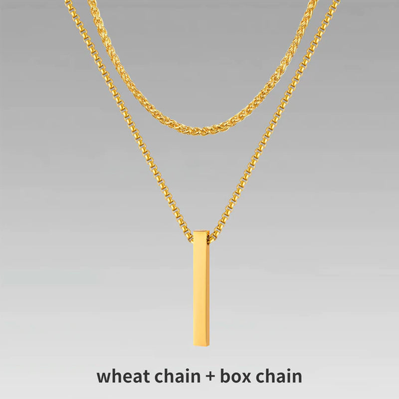 3D Vertical Bar Necklaces for Men, Layering Stainless Steel Geometric Pendant, Layered Wheat Rope Cuban Chain, Boy Collar