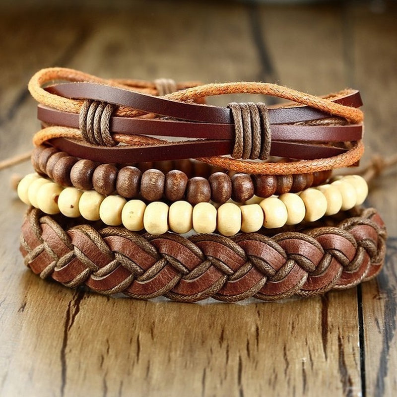 Mix 4Pcs/ Set Braided Wrap Leather Bracelets for Men Women Vintage Wooden Beads Ethnic Tribal Wristbands Bracelet Rudder