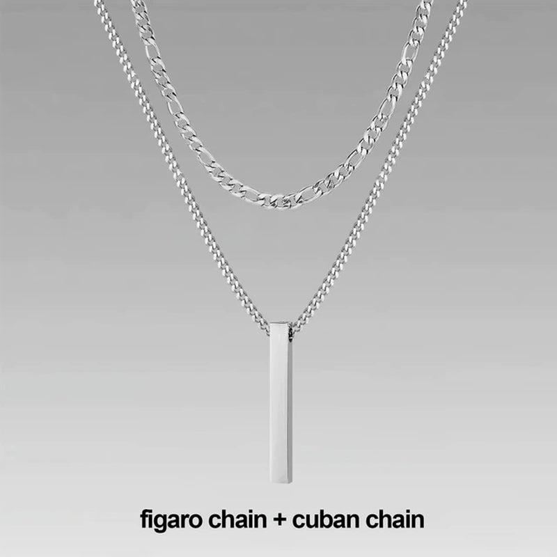 3D Vertical Bar Necklaces for Men, Layering Stainless Steel Geometric Pendant, Layered Wheat Rope Cuban Chain, Boy Collar