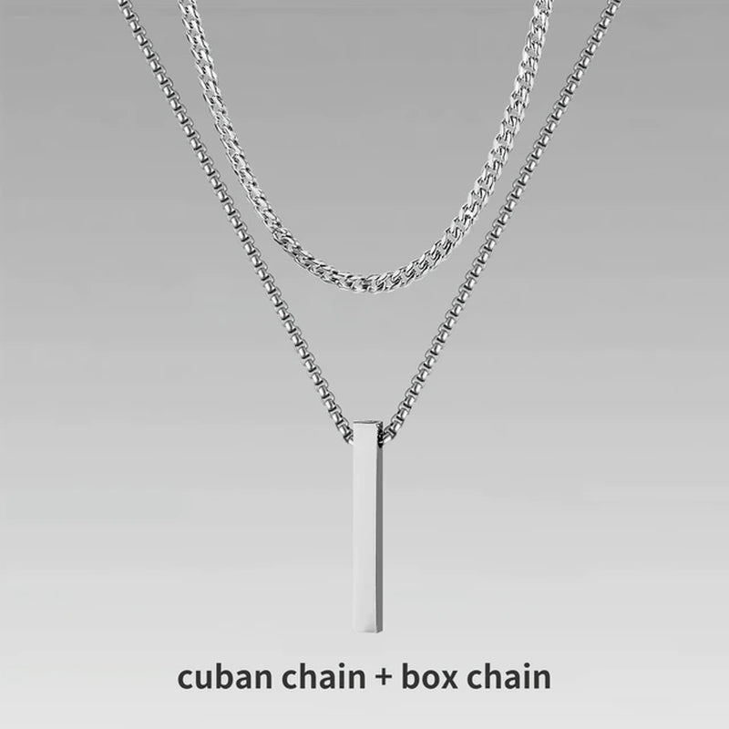 3D Vertical Bar Necklaces for Men, Layering Stainless Steel Geometric Pendant, Layered Wheat Rope Cuban Chain, Boy Collar