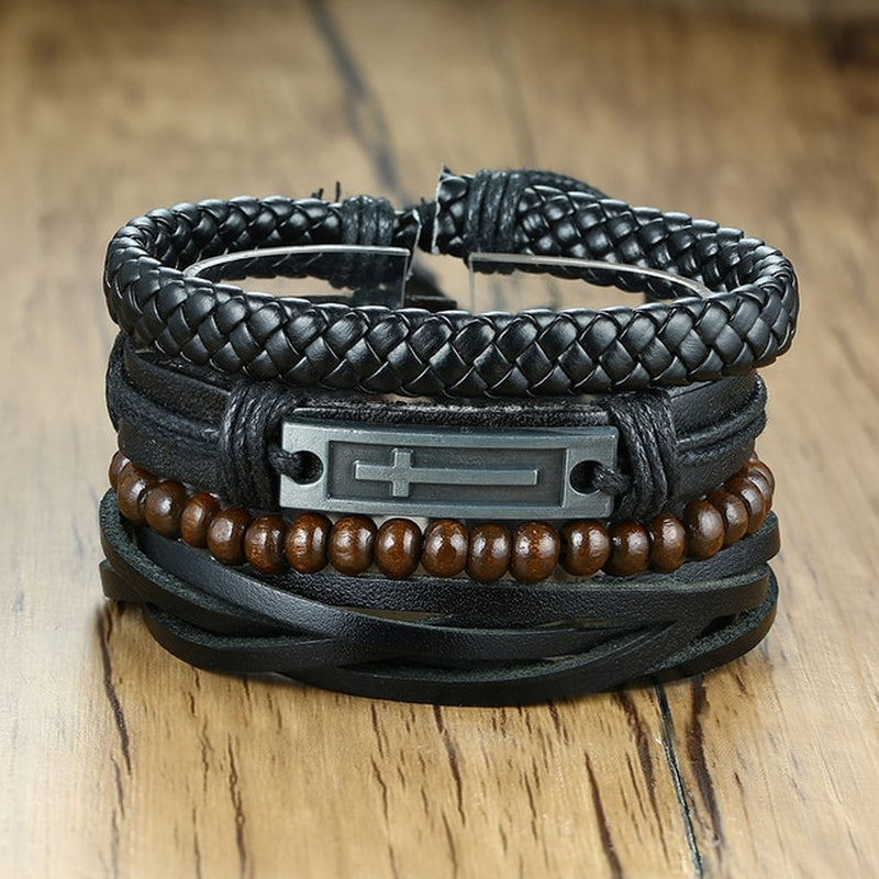 Mix 4Pcs/ Set Braided Wrap Leather Bracelets for Men Women Vintage Wooden Beads Ethnic Tribal Wristbands Bracelet Rudder