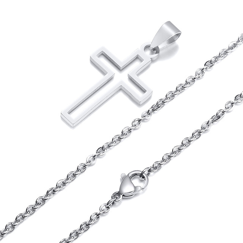 Cutout Cross Necklace for Men Women, Stainless Steel Hollow Cross Pendant with 24" Box Chain, Religious Faith Christ Collar