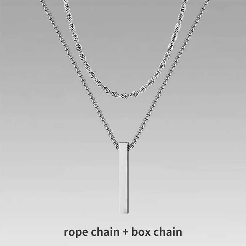 3D Vertical Bar Necklaces for Men, Layering Stainless Steel Geometric Pendant, Layered Wheat Rope Cuban Chain, Boy Collar