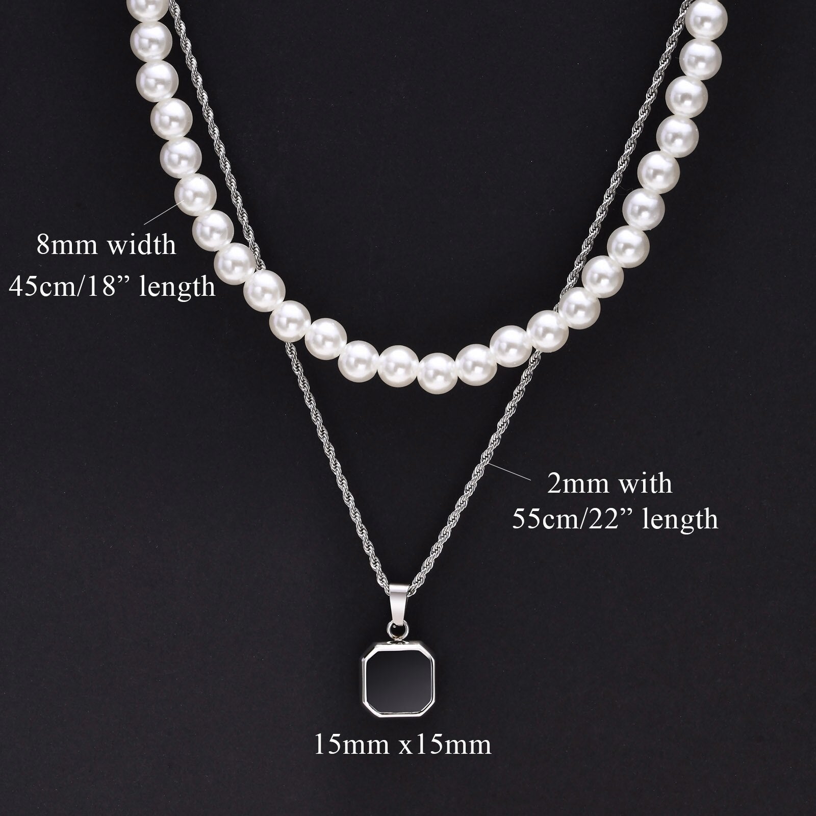 2Pcs Necklaces Set for Men, Geometric Square Pendant with 55Cm Rope Box Cuban Chain, Simulated Pearl Chain Steel Collar