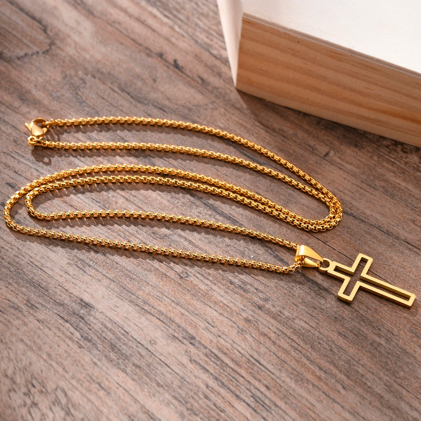 Cutout Cross Necklace for Men Women, Stainless Steel Hollow Cross Pendant with 24" Box Chain, Religious Faith Christ Collar