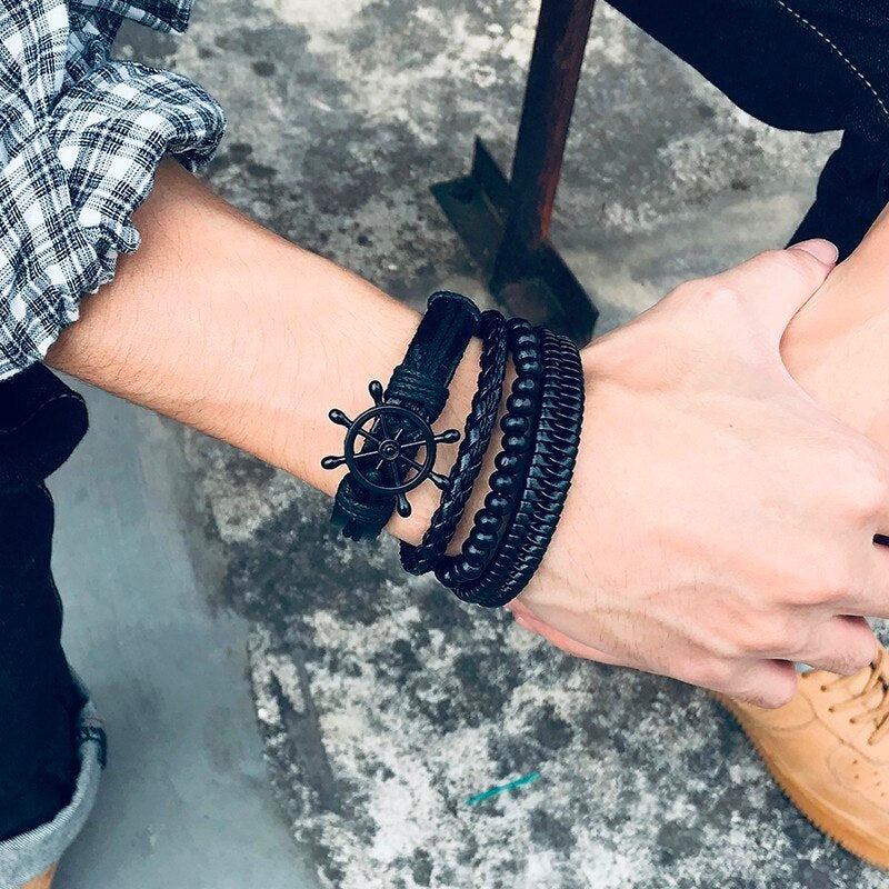 Mix 4Pcs/ Set Braided Wrap Leather Bracelets for Men Women Vintage Wooden Beads Ethnic Tribal Wristbands Bracelet Rudder