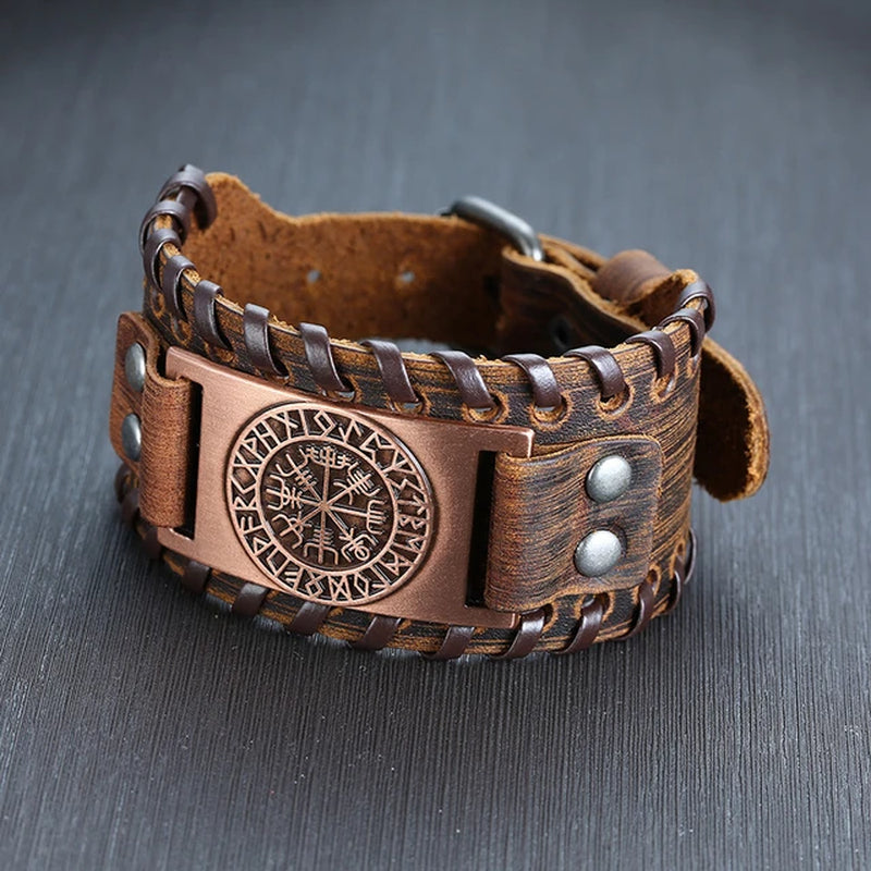 Men'S Rock Punk Wolf Viking Leather Wrap Bracelets Vintage Compass Charm Male Wrist Jewelry Length Adjustable