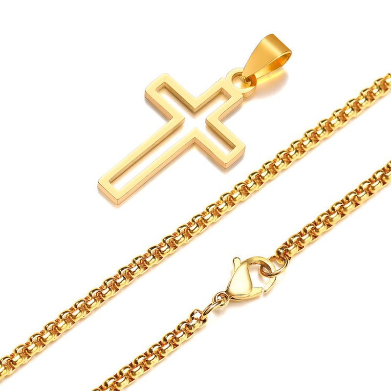 Cutout Cross Necklace for Men Women, Stainless Steel Hollow Cross Pendant with 24" Box Chain, Religious Faith Christ Collar