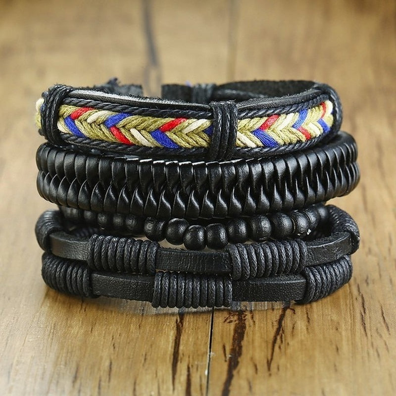 Mix 4Pcs/ Set Braided Wrap Leather Bracelets for Men Women Vintage Wooden Beads Ethnic Tribal Wristbands Bracelet Rudder