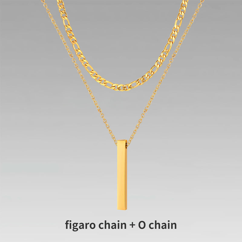 3D Vertical Bar Necklaces for Men, Layering Stainless Steel Geometric Pendant, Layered Wheat Rope Cuban Chain, Boy Collar