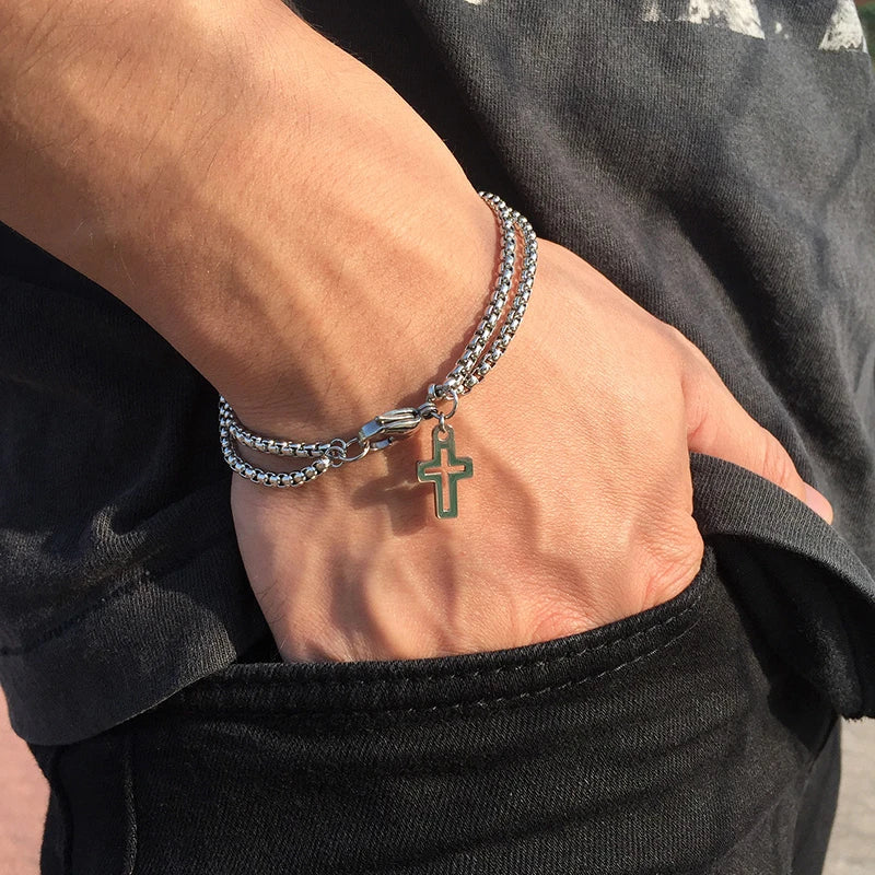 Simple Layered 3Mm Rolo Chain Bracelets for Men,Round Box Link with Cross Charm Wristband,Christ Prayer Vintage Casual Gift