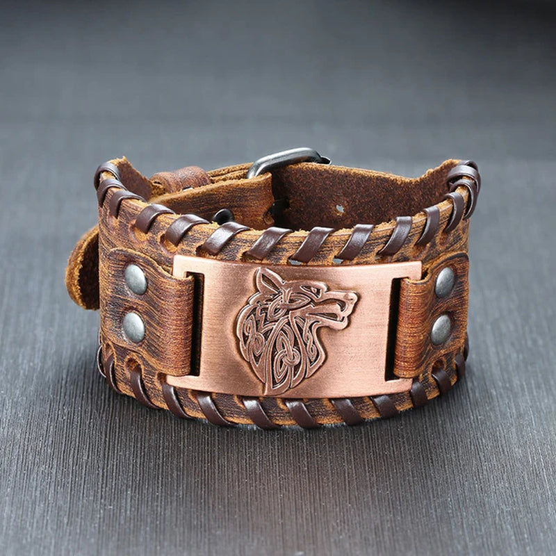 Men'S Rock Punk Wolf Viking Leather Wrap Bracelets Vintage Compass Charm Male Wrist Jewelry Length Adjustable