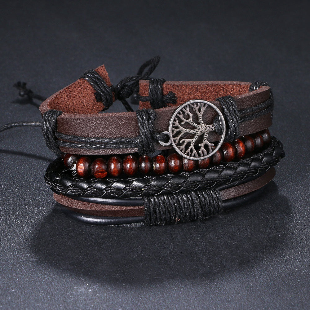 3/4Pcs/ Set Braided Wrap Leather Bracelets for Men Vintage Life Tree Rudder Charm Wood Beads Ethnic Tribal Wristbands