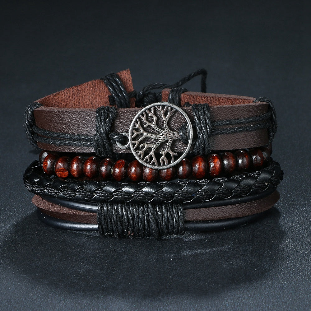 3/4Pcs/ Set Braided Wrap Leather Bracelets for Men Vintage Life Tree Rudder Charm Wood Beads Ethnic Tribal Wristbands