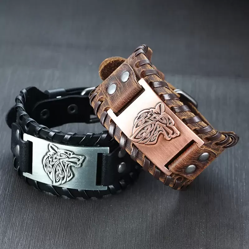 WolfPunk: Vintage Compass Leather Wrap Bracelet for Men